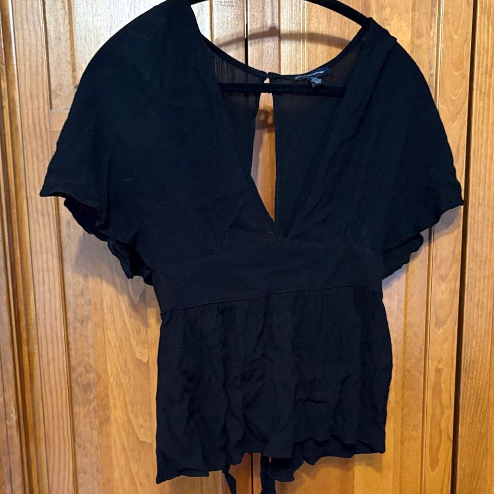 American Eagle Outfitters Black Deep V Peplum Top Open Back Tie Back size XS